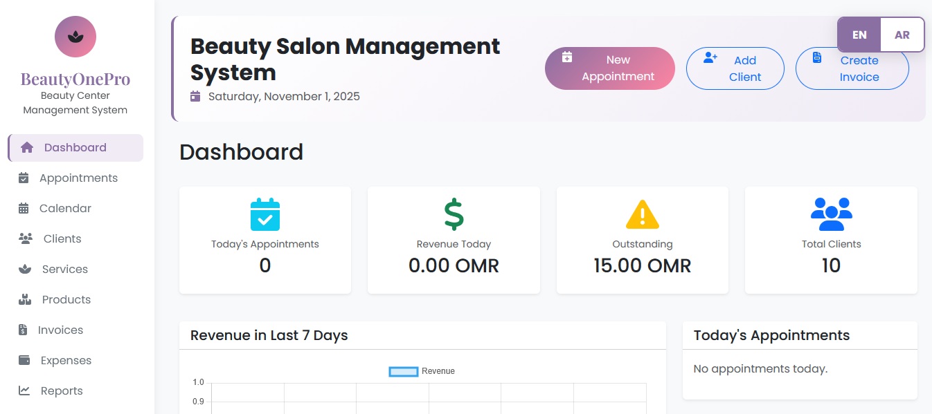 BeautyOnepro Salon Management Dashboard